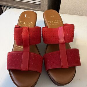 Italian ShoeMakers Contesa Rhinestone  Elastic Stripe Wedge Heel Sandals Red 8.5